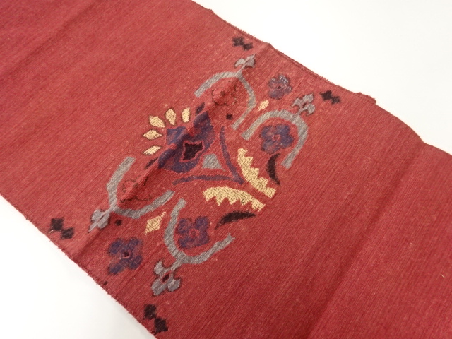 アンティーク　手織り紬花更紗模様織出し名古屋帯